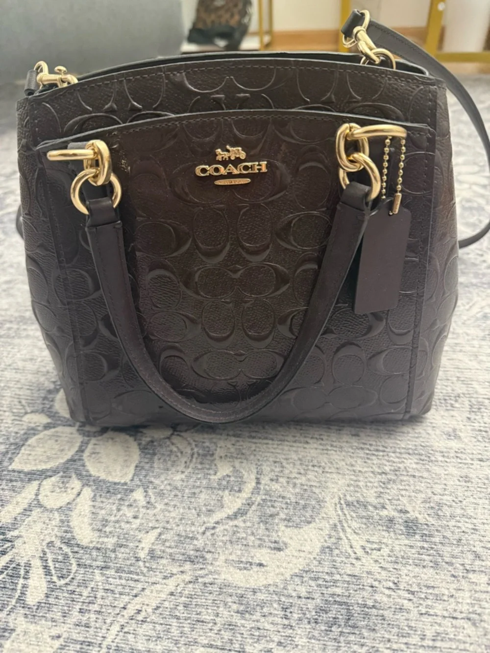 Coach Dark Brown Embossed Signature Satchel with Gold Hardware - Picture 2 of 4